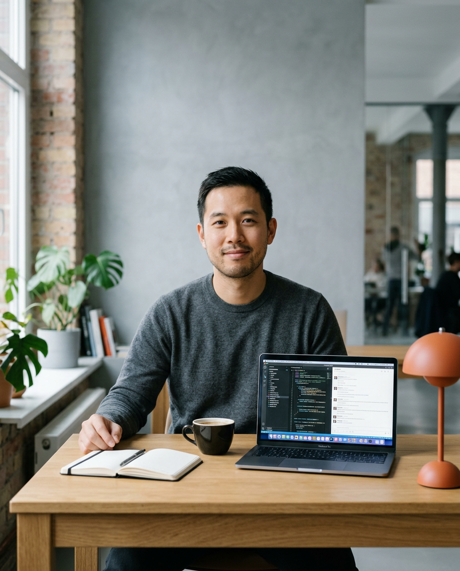 AI app founder at his desk with a laptop showing code and a chat interface